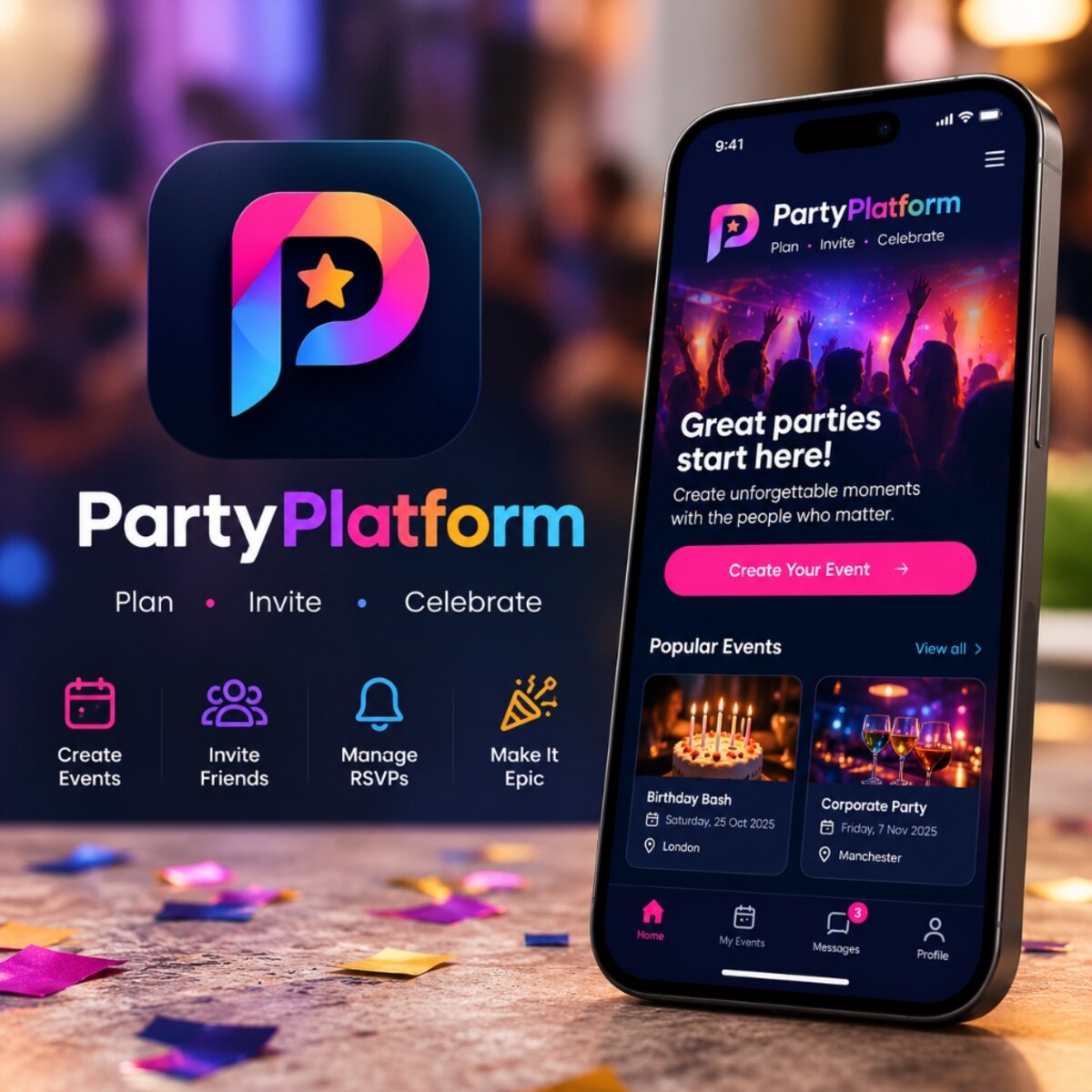PartyPlatform App Mockup - Plan, Invite, Celebrate